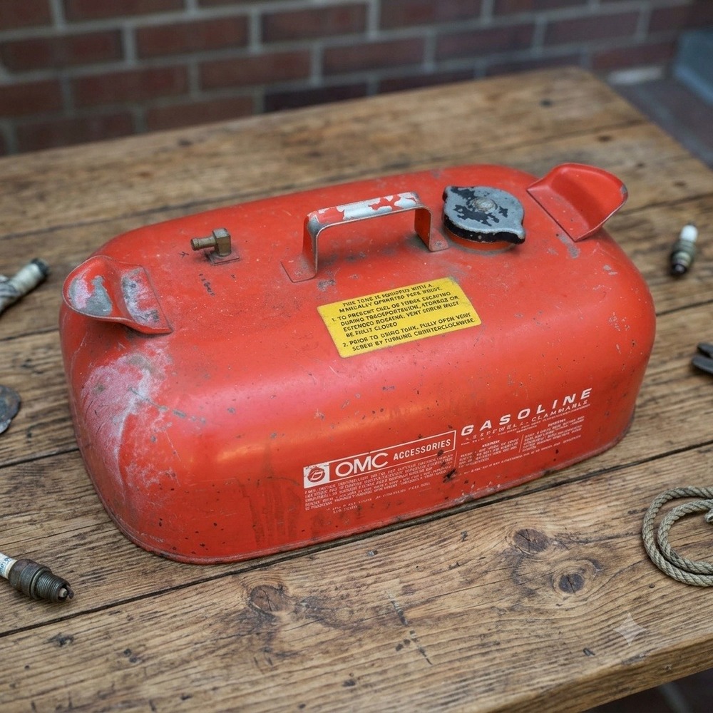 Vintage OMC Accessories Metal Outboard Boat Fuel Tank Red Gasoline Can